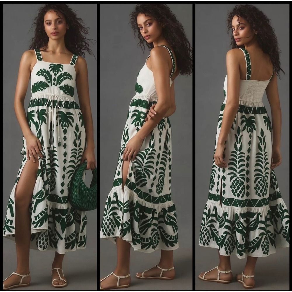 Farm Rio Anthropologie Green Embroidered Patchwork Linen Midi Dress Rare M